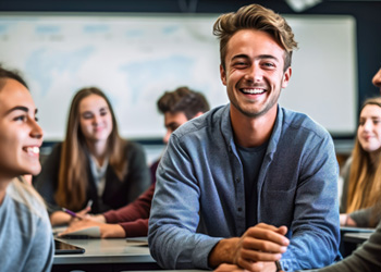 Etudiants, souriants dans une salle de cours, à leur bureau