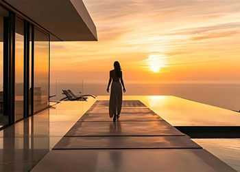 Femme marchant au coucher de soleil bord piscine maison luxe