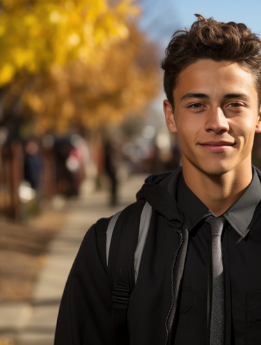 Etudiant souriant, de face avec un sac à dos sur un fond d'arbres d'automne